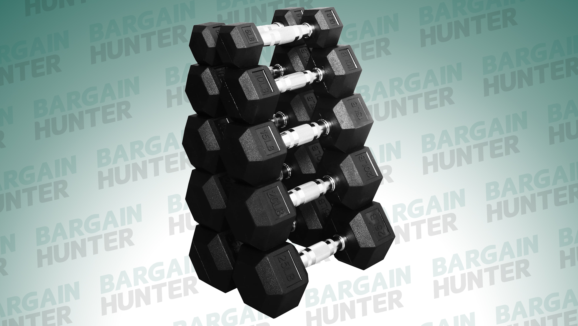 Rubber-coated hex dumbbell set on workout mat with 54% off sale badge