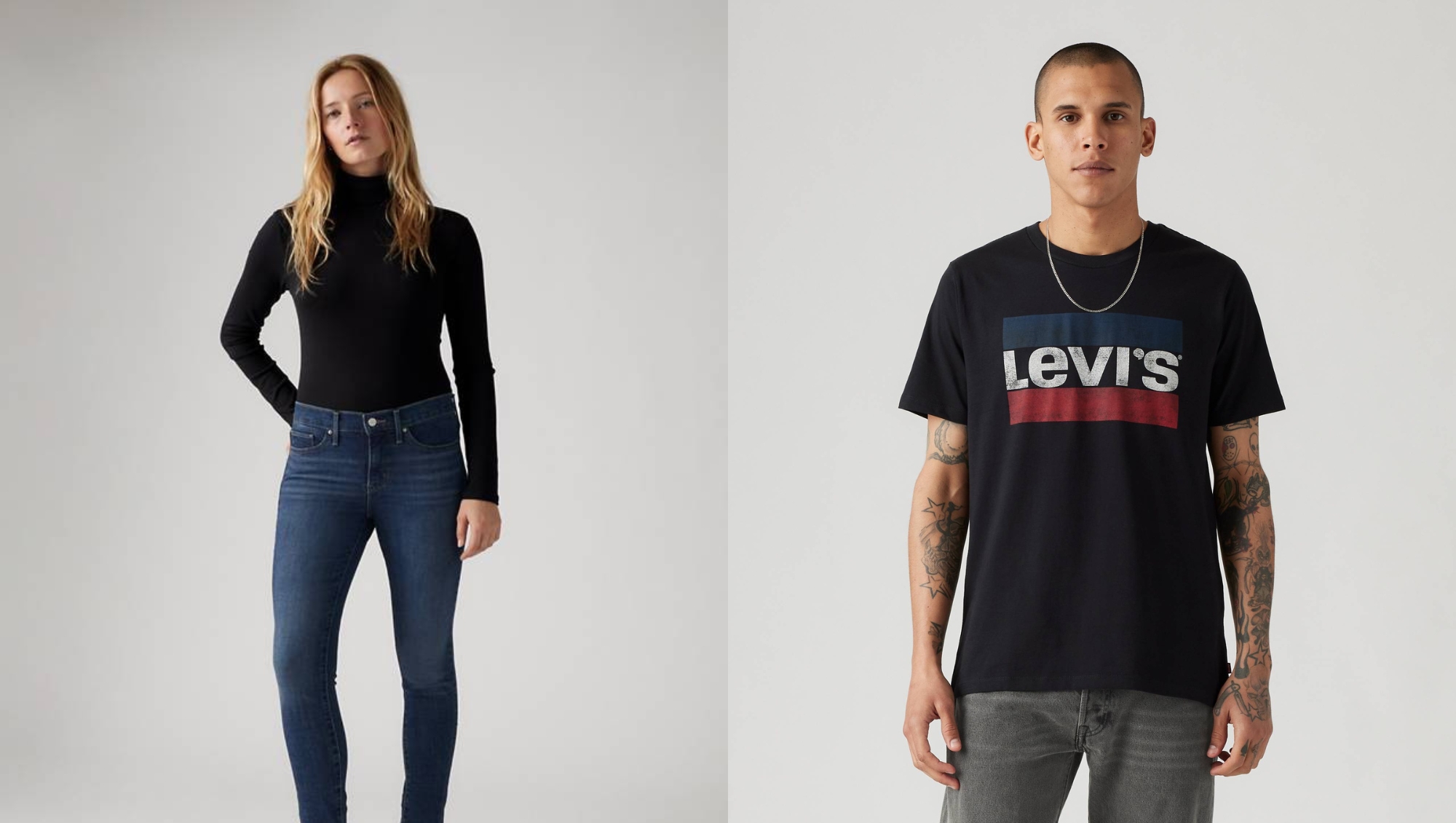 Split image of a man wearing a Levi's T-Shirt and a woman wearing Levi's jeans