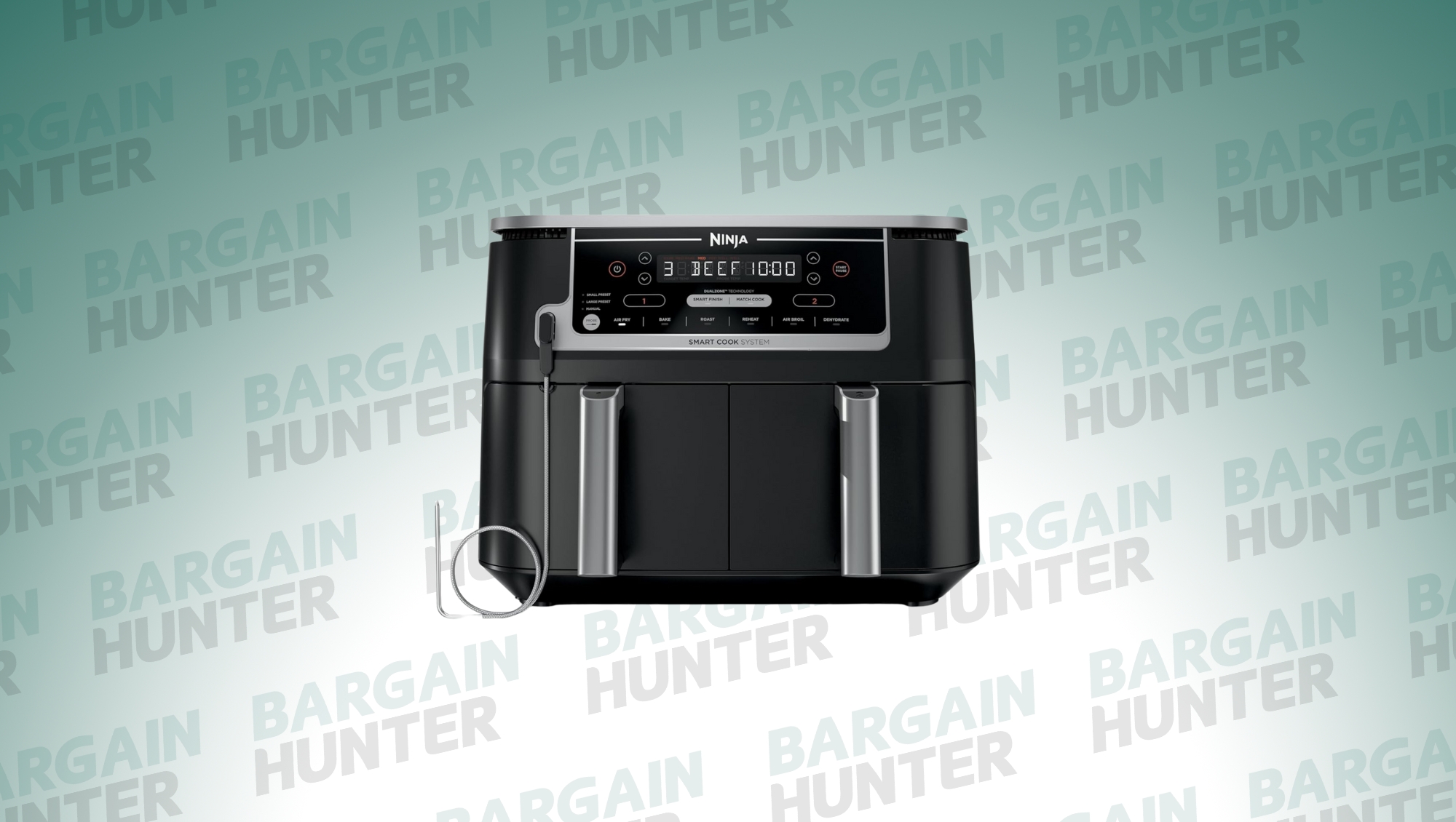 Ninja DualZone air fryer with two baskets on a Bargain Hunter background
