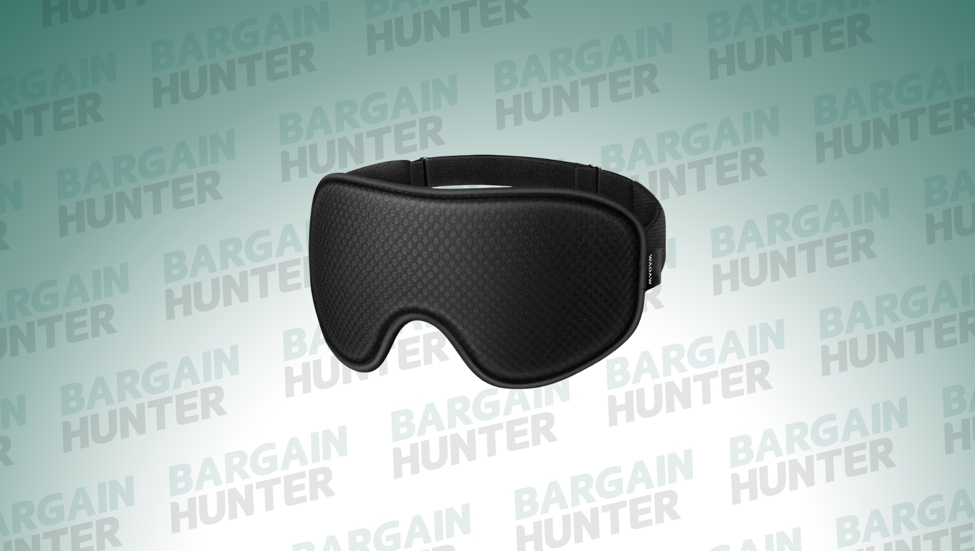 WAOAW 3D contoured blackout sleep mask in black on Bargain Hunter logo