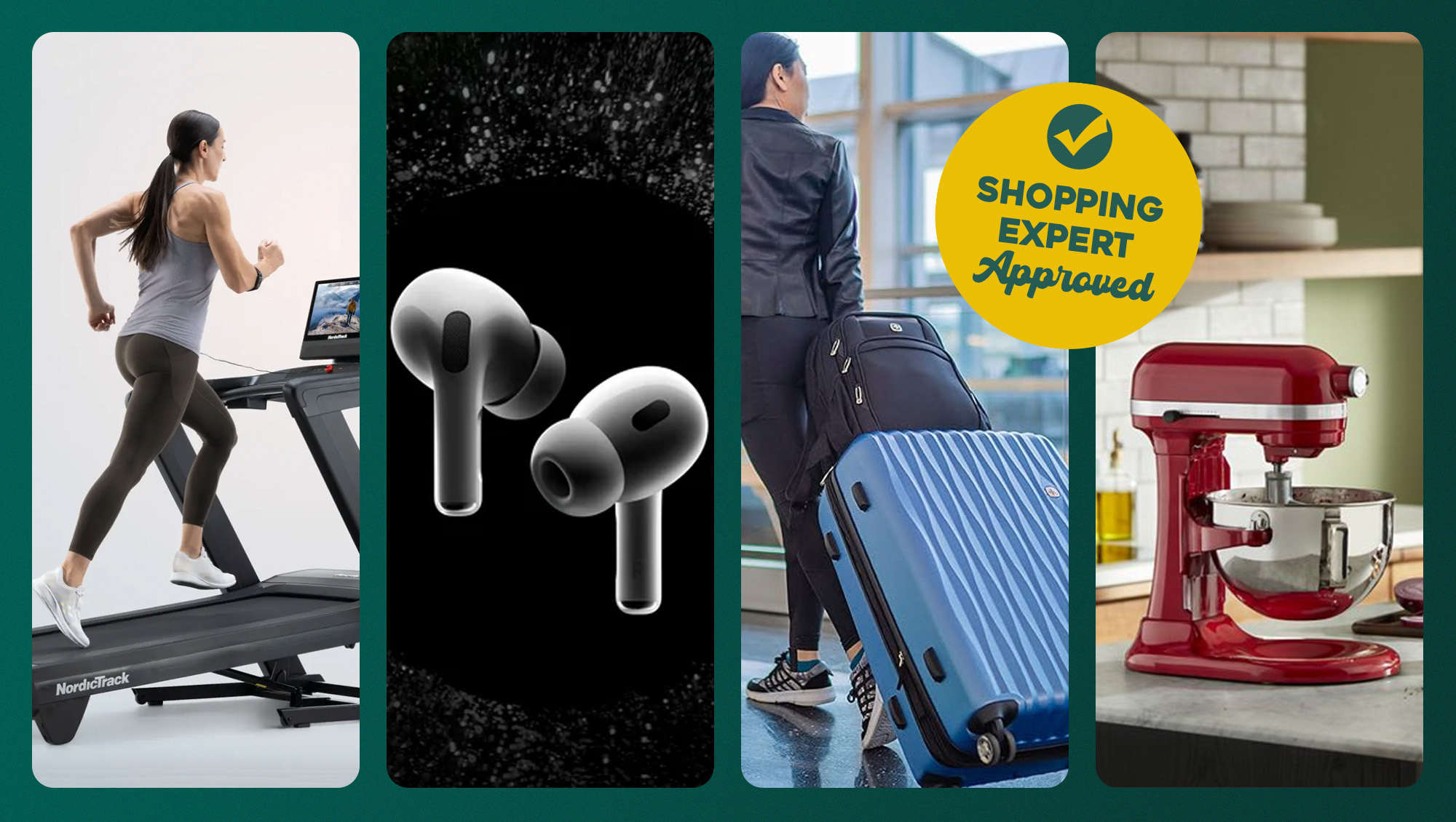 treadmill, aipods, luggage, kitchen aid mixer