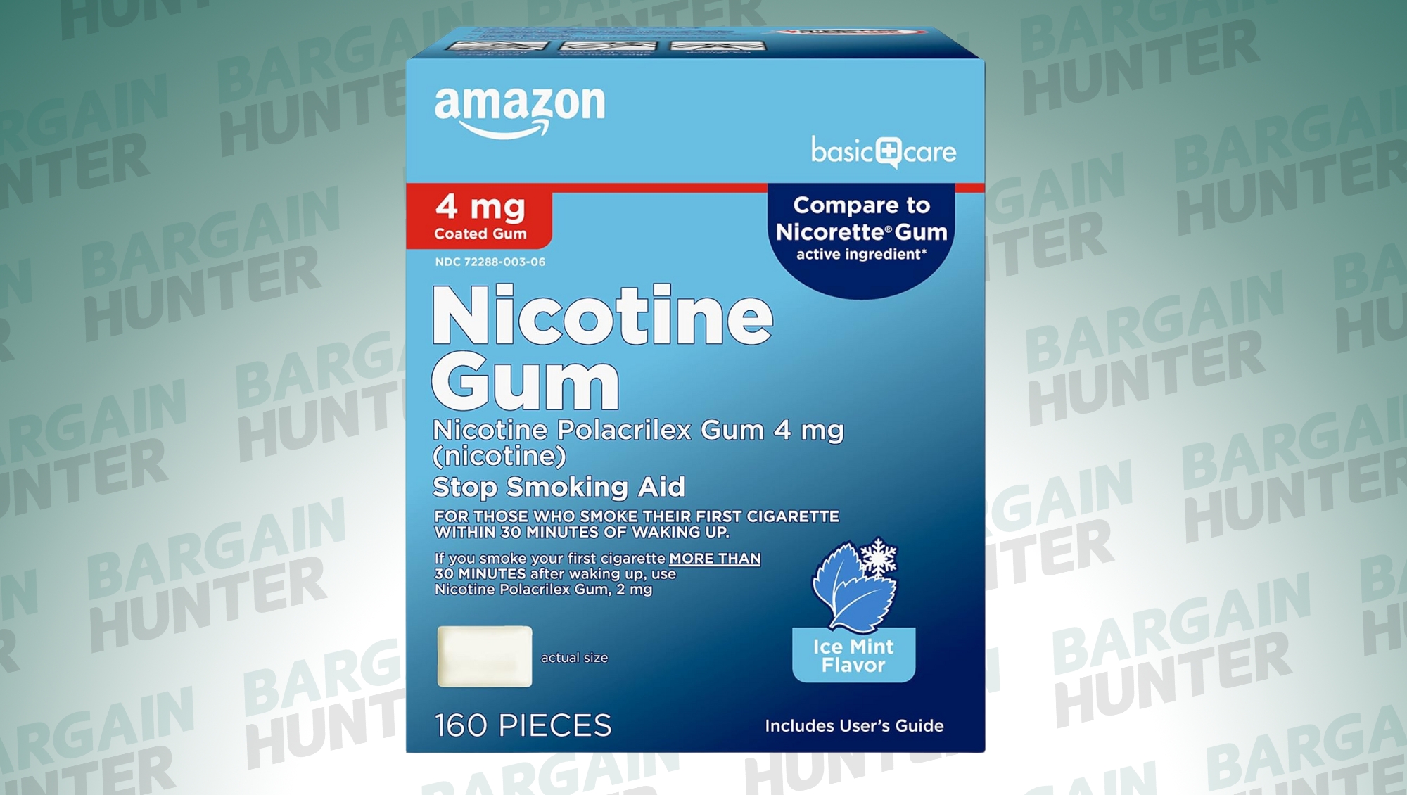 Box of Amazon Basic Care nicotine gum on bargain hunter background