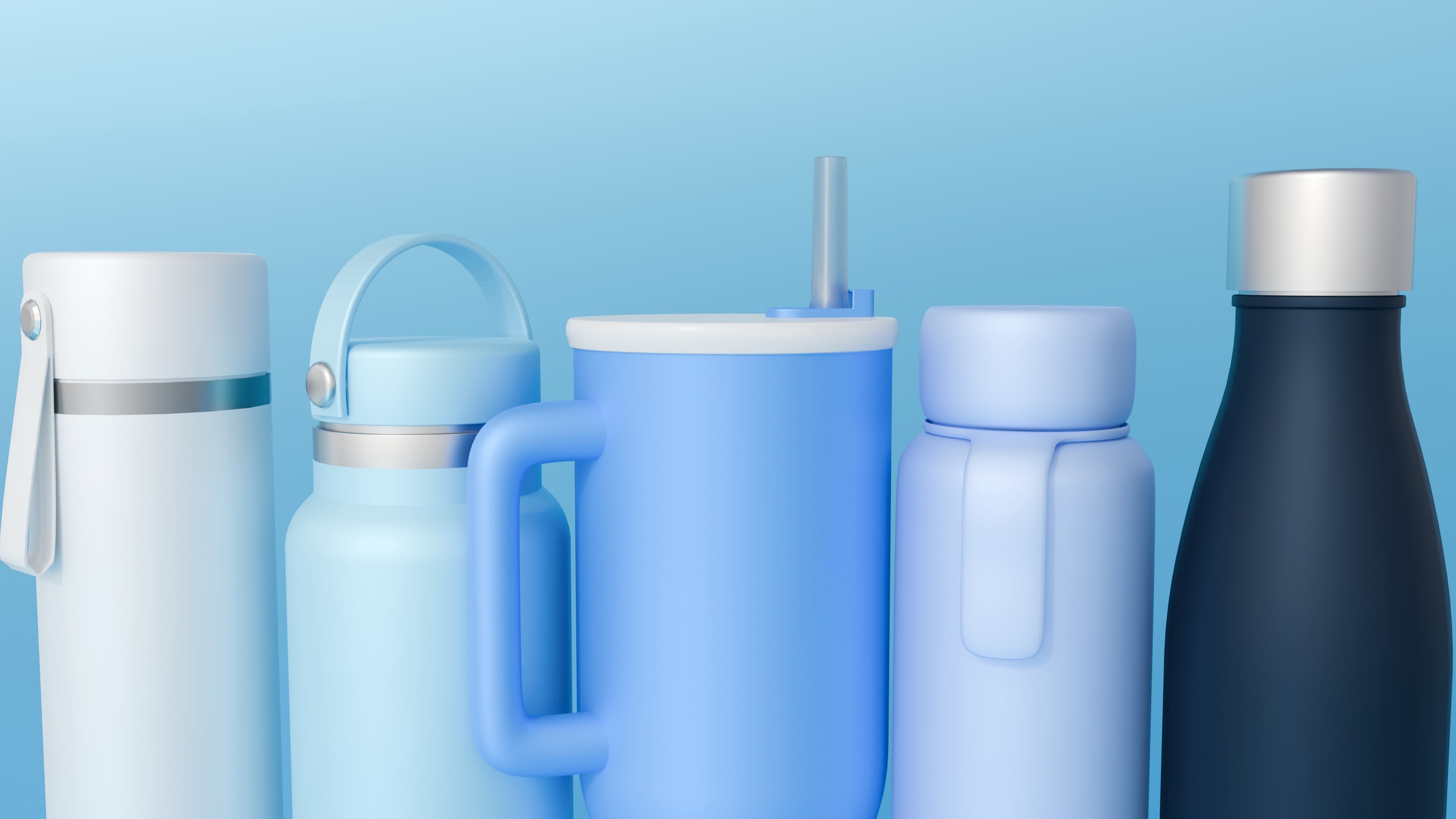 A collection of various drinkware items or tumblr, all rendered in a monochromatic blue palette, an aesthetic theme.