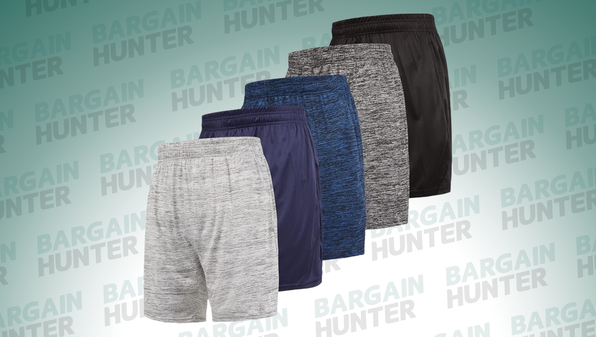 Ultra Performance men's 5-pack basketball workout shorts in black, blue and gray on bargain hunter background