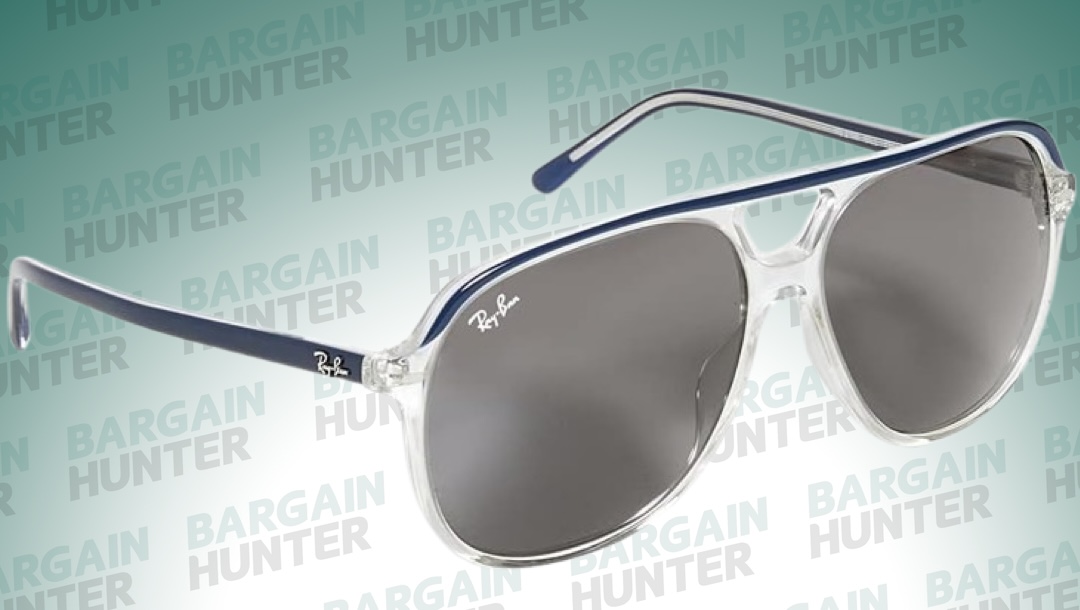 Clear and blue Ray-Ban sunglasses on Bargain Hunter background