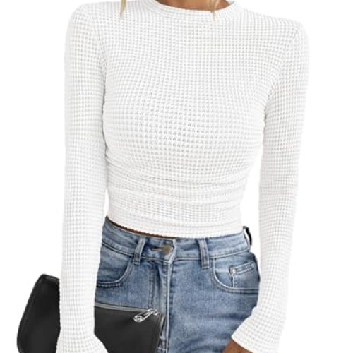 PRETTYGARDEN Fall Waffle Ruched Crop Shirt