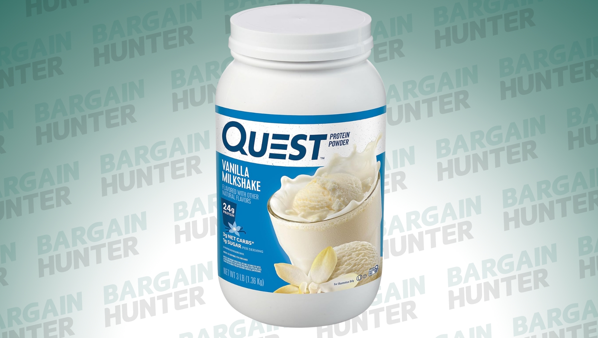 Quest Vanilla Milkshake Protein Powder tub on bargain hunter background