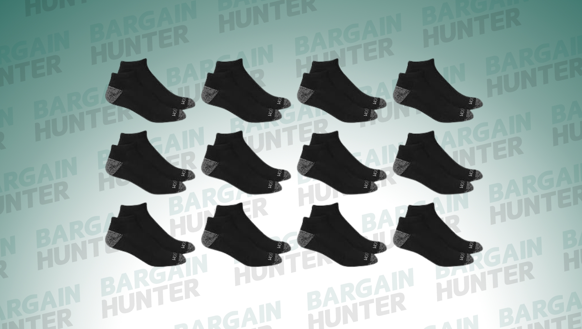 12 pairs of black Fruit of the Loom men’s low-cut socks on sale for under $8 on bargain hunter background