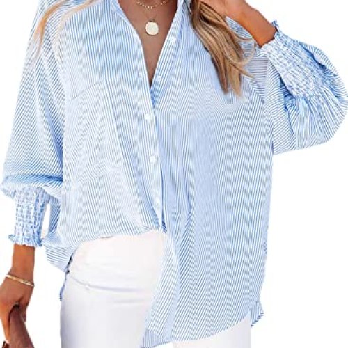Smocked Cuffed Striped Boyfriend Shirt Casual Collar
