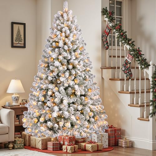 SHareconn 7.5ft Prelit Snow Flocked Spruce Artificial Christmas Tree
