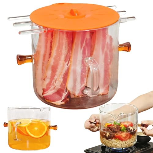 Glass Microwave Bacon Cooker Tray with Cover for Oven, 2 in-1 Cooking Pot for Stove, Grease Easy Clean