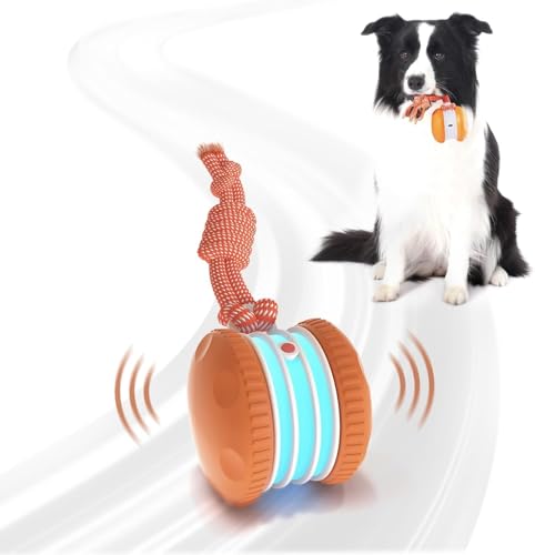 QGI Interactive Dog Toys, Random Path Electric Automatic Moving and Rolling Dogs Toy with Rope)