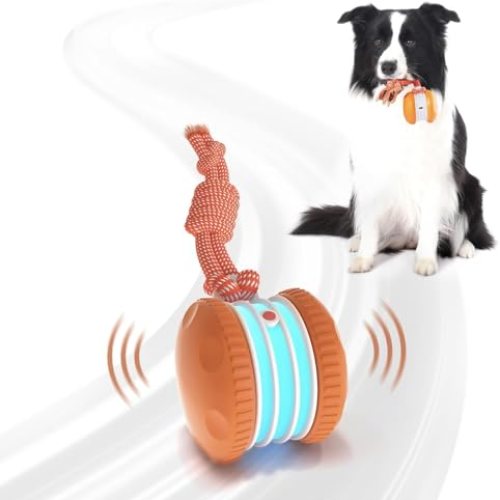 QGI Interactive Dog Toys, Random Path Electric Automatic Moving and Rolling Dogs Toy with Rope)