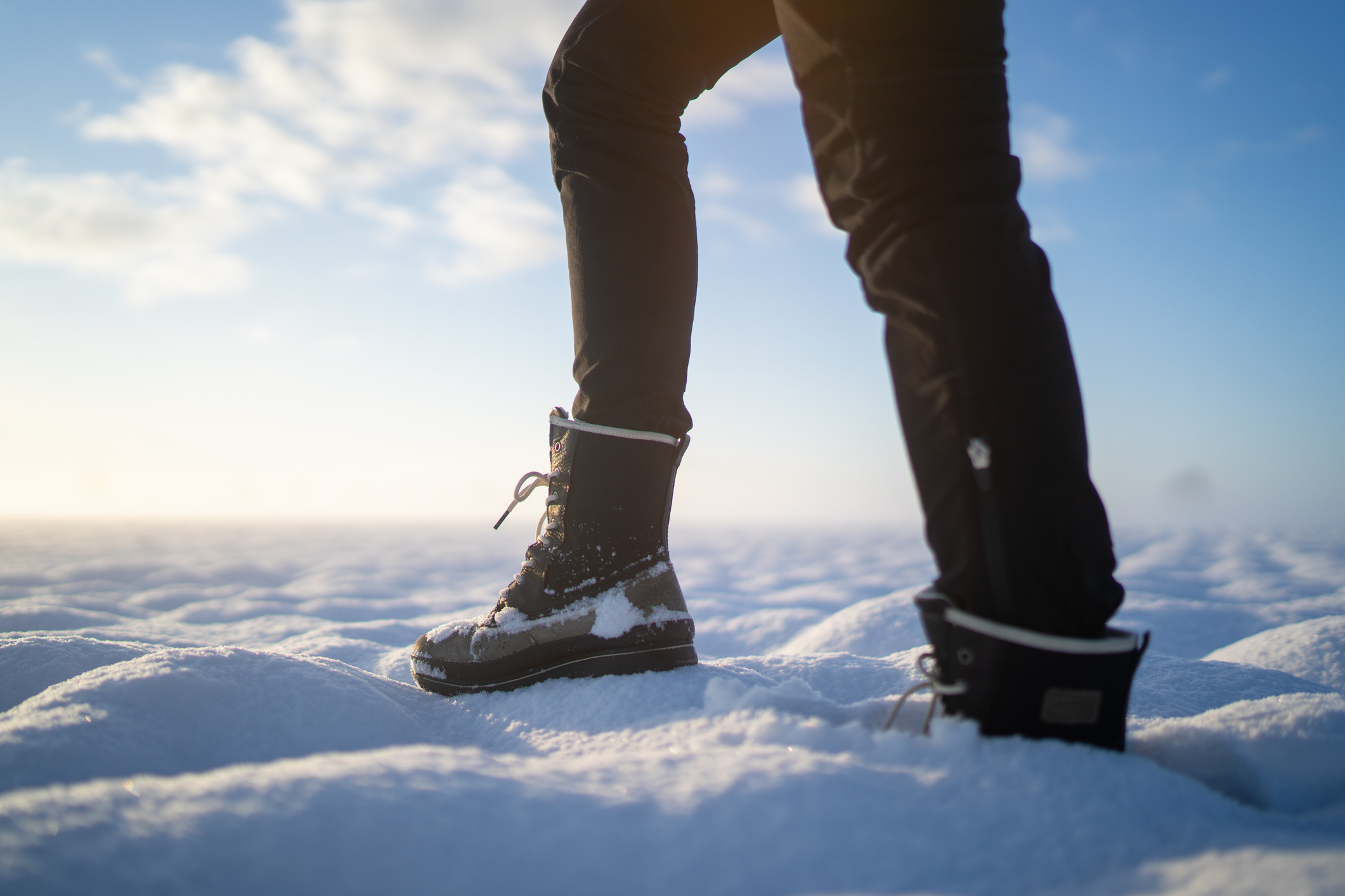 Women wearing snow boots in the snow.