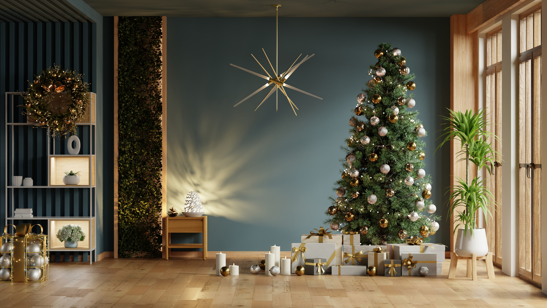 Cozy living room interior with a Christmas tree and wrapped presents under it- 3D rendering