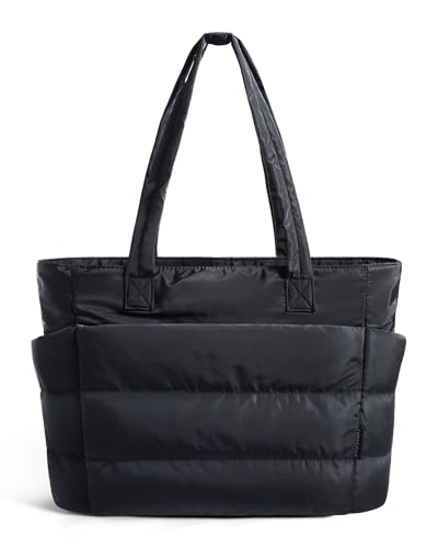 BAGSMART Tote Bag for Women, Lightweight Puffy Tote Bag with Compartments Shoulder Bag Handbag Quilted Shoulder Bag Handbag for Travel, Work, Beach, Gym, Shop (Black)