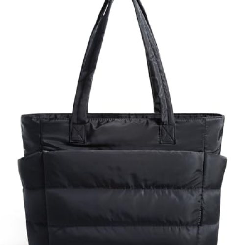 BAGSMART Tote Bag for Women, Lightweight Puffy Tote Bag with Compartments Shoulder Bag Handbag Quilted Shoulder Bag Handbag for Travel, Work, Beach, Gym, Shop (Black)