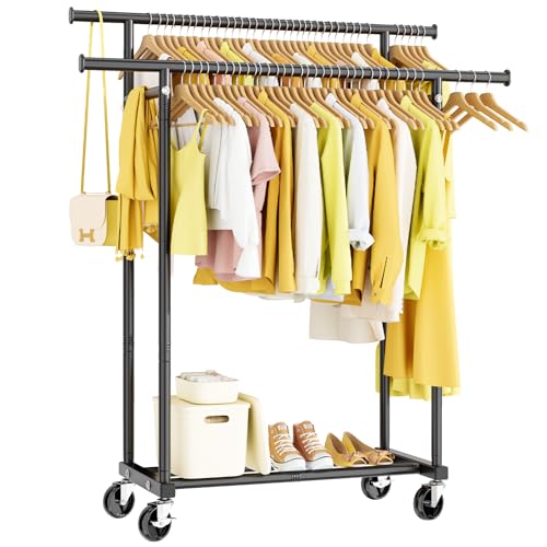 HYSEYY Double Rods Clothes Rack, Rolling Clothing Rack for Hanging Clothes Portable Wardrobe Rack