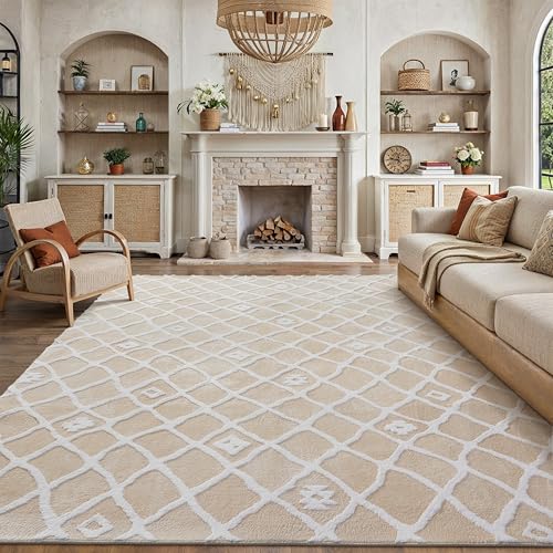 PureCozy Ivory 8×10 Area  Washable Checkered Carpet Soft Neutral