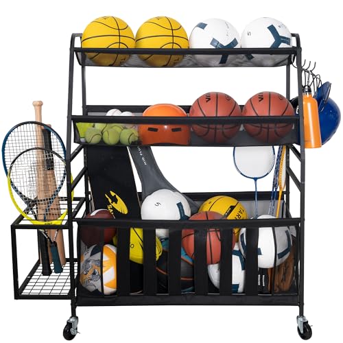 STORAGE MANIAC Ball Storage Bin Rolling Sports Ball Cart, Metal Garage Organizer