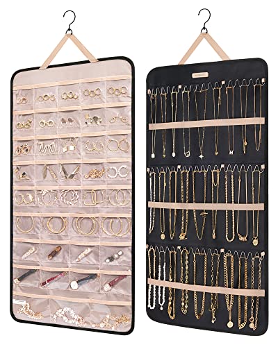 BAGSMART Hanging Jewelry Organizer Storage Roll with Hanger Metal Hooks Double-Sided