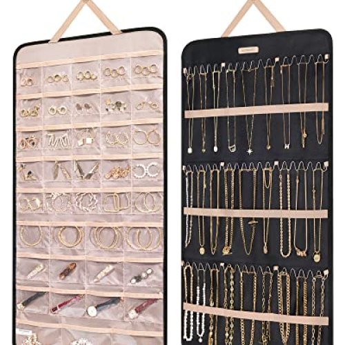 BAGSMART Hanging Jewelry Organizer Storage Roll with Hanger Metal Hooks Double-Sided