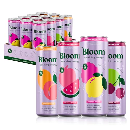Bloom Nutrition Sparkling Energy Drink – Variety Pack – Zero Sugar, 180mg Caffeine – Antioxidant-Rich