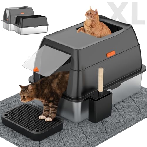 Stainless Steel Litter Box with Lid,Front Entry Top Exit Kitty LitterBox, Extra Large