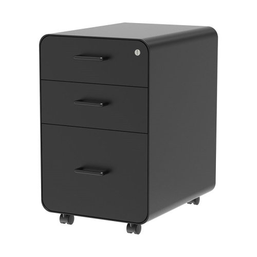 Workstream by Monoprice Rolling Round Corner 3-Drawer File Cabinet with Lock, Under Office Desk Metal Filing Cabinet, Legal/Letter File Folders, Wheel