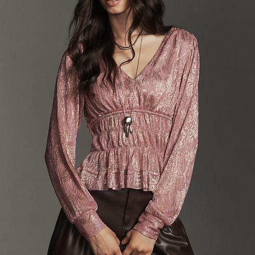 Metallic Smocked Long-Sleeve Shirt Top