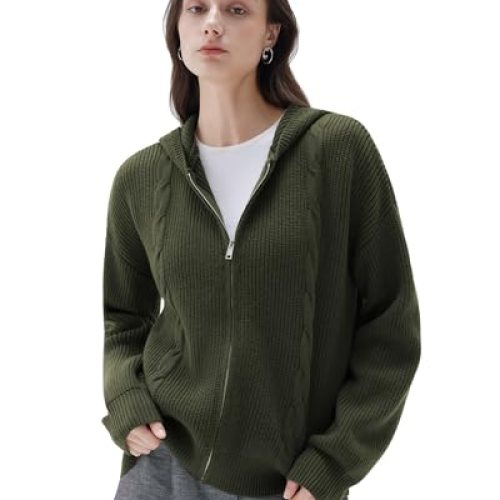 Women Chunky Knit Cashmere Blend Zip up Oversized Hoodies Cardigan
