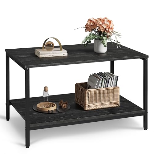 WLIVE Small Coffee Table for Living Room, 31.3″ Modern Industrial Coffee Table with Storage Shelf & Metal Frame, 2-Tier Wood Center Table for Small Spaces Apartment, Home, Charcoal Black
