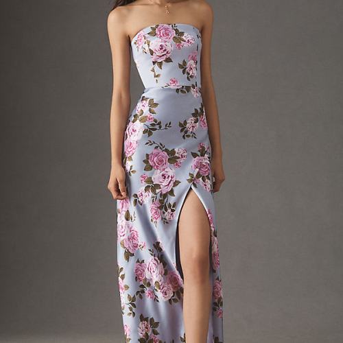 Stretch Satin Strapless Side-Slit Maxi Dress