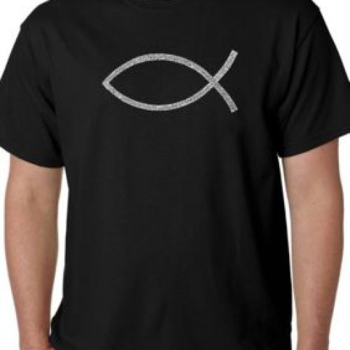 LA Pop Art Word Art T-Shirt Jesus Fish, Black