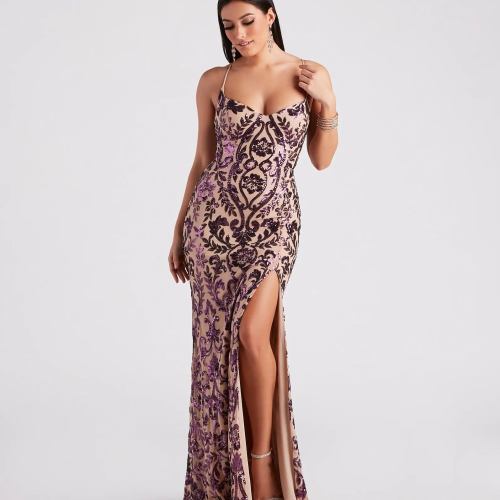 Lori Formal Sequin Lace-Up Long Dress