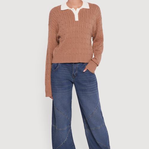 Womens Rib Knit Contrast Trim Long Sleeve Polo Sweater, Beige