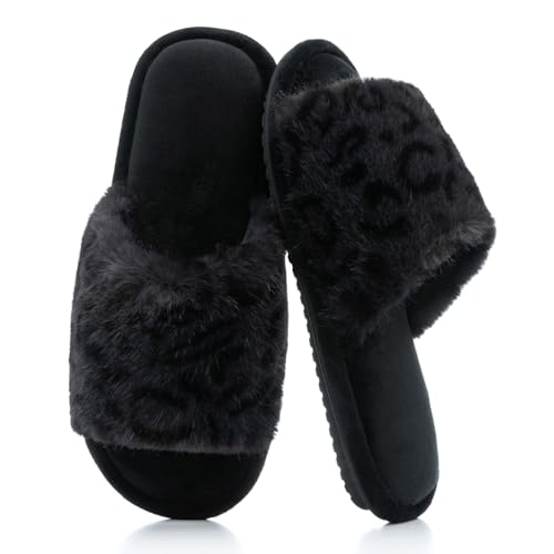 Women’s Fuzzy Open-Toe House Slippers with Memory Foam