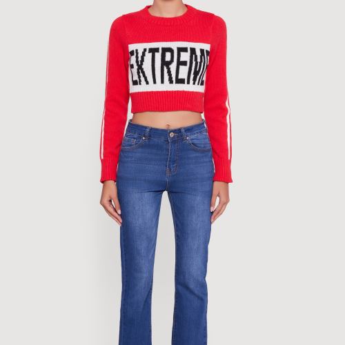 Womens Extreme Graphic Cropped Sweater, Brown, Size S
