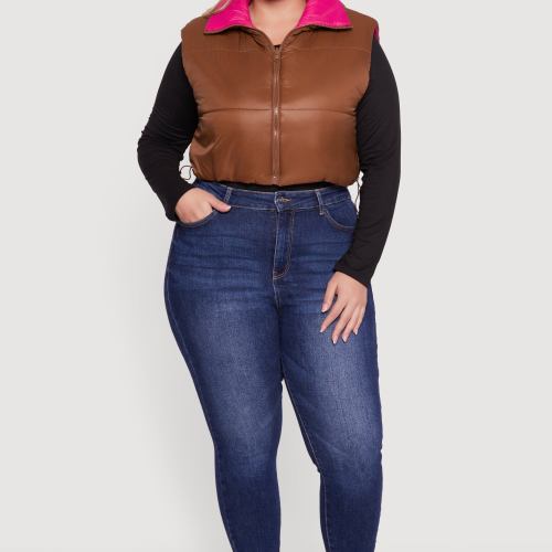 Womens Plus Size Color Blocked Drawstring Hem Puffer Vest