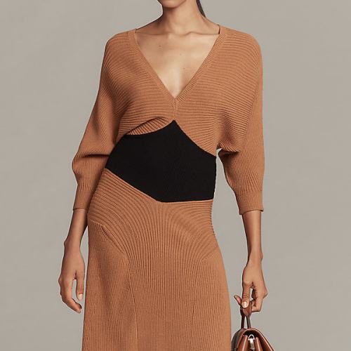 Smocked-Waist Ribbed Sweater Dress