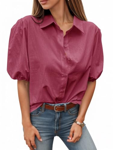 Button Down Shirts Short Puff Sleeve Collared Dressy Casual