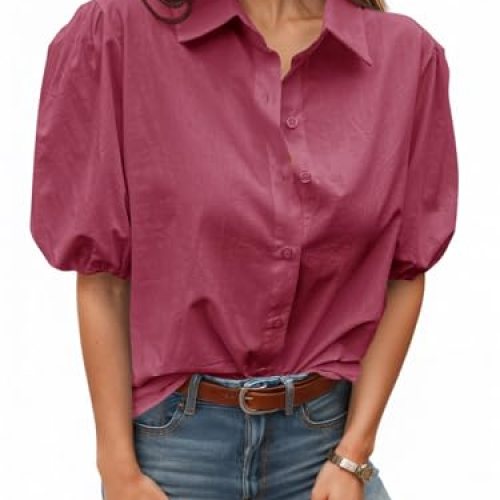 Button Down Shirts Short Puff Sleeve Collared Dressy Casual