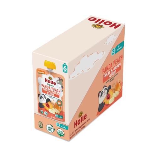 Holle Panda Peach Baby Food, Peach, Apricot, Banana with Spelt 6 pouches (100g each)