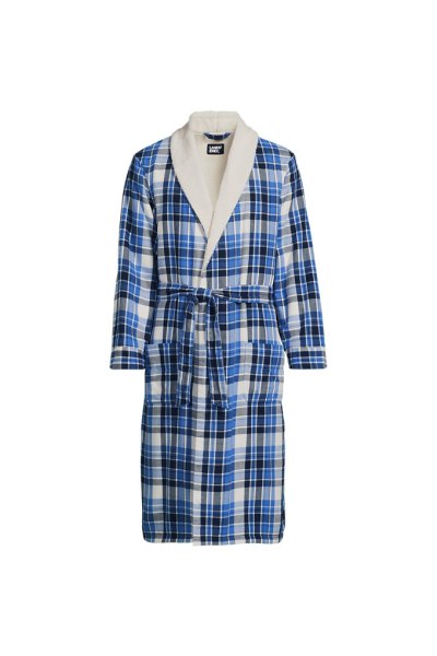 Mens Sherpa Fleece Lined Flannel Robe Lands End Blue