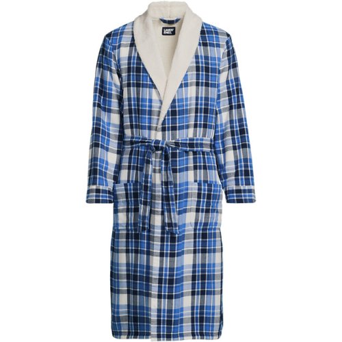 Mens Sherpa Fleece Lined Flannel Robe – Lands End – Blue – L
