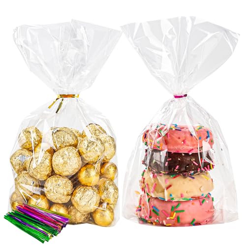 For Easter Treats: 100-Pack Cellophane Bags Flat Bottom with 100 Twist Ties (6×9×2.4 Inches)