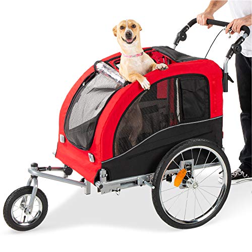 2-in-1 Dog Bike Trailer, Pet Stroller Bicycle Carrier w/Hitch, Suspension, Visibility Flag and Reflectors, 66lb Weight Capacity