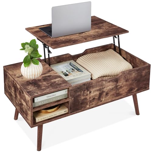 Best Choice Products Lift Top Coffee Table, Wooden Mid-Century Modern Multifunctional Accent Table for Living Room w/Hidden Storage, 2 Cubbies, Removable Shelf – Brown