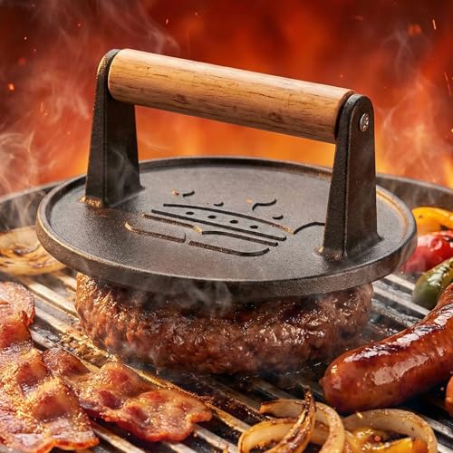 Smash Burger Press 6.5”, Cast Iron Flat Round Edge Press