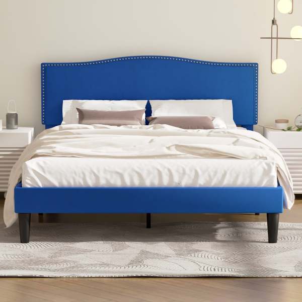 Vecelo Bed Frame Upholstered Wood Slat Suppor with Adjustable Headboard Dark